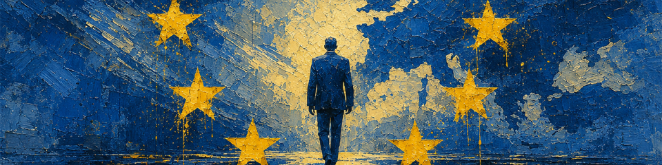 Abstract blue painting of a lone man walking toward a map of Europe, encircled by yellow stars from the EU flag.
