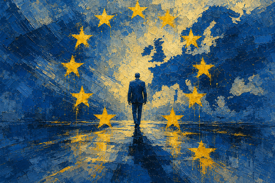 Abstract blue painting of a lone man walking toward a map of Europe, encircled by yellow stars from the EU flag.