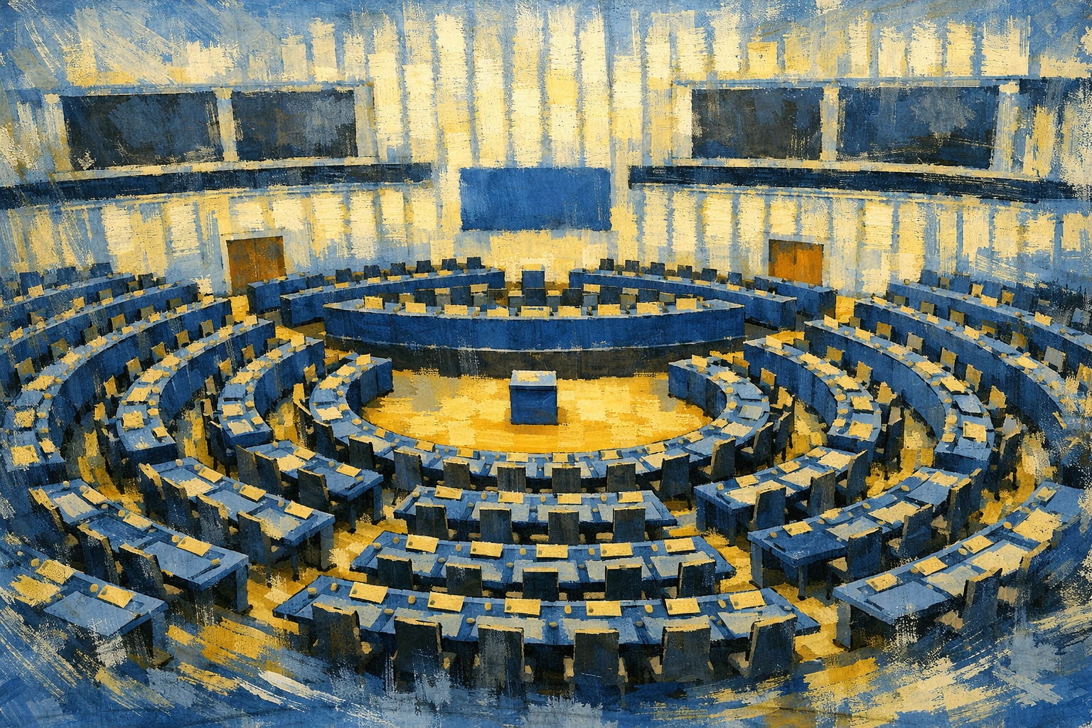 Painterly blue-and-gold view of a circular parliamentary chamber with concentric seating.