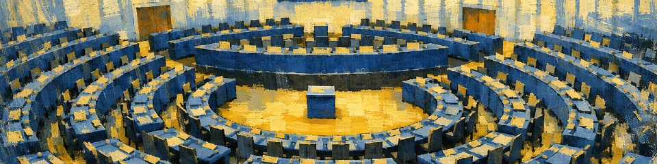 Painterly blue-and-gold view of a circular parliamentary chamber with concentric seating.