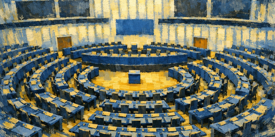 Painterly blue-and-gold view of a circular parliamentary chamber with concentric seating.