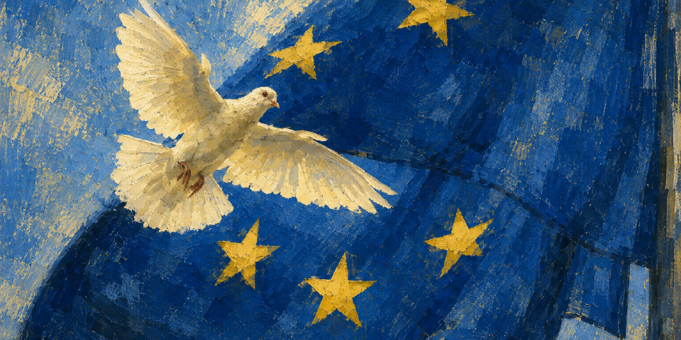 Painterly blue-and-gold image of a white dove flying before a European Union flag.