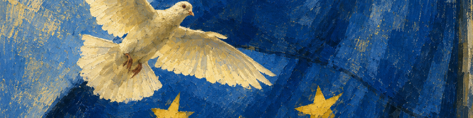 Painterly blue-and-gold image of a white dove flying before a European Union flag.