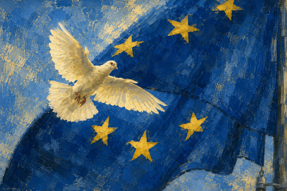 Painterly blue-and-gold image of a white dove flying before a European Union flag.