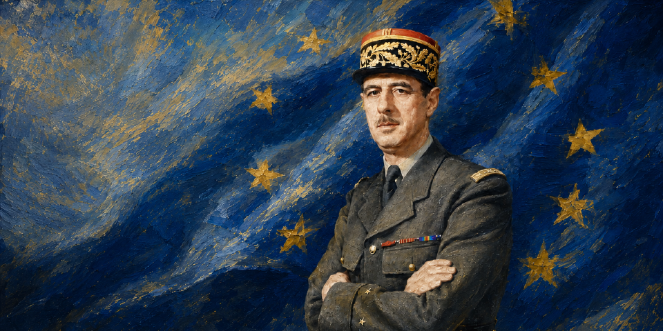 Painterly portrait of Charles de Gaulle before a blue-and-gold European Union flag.