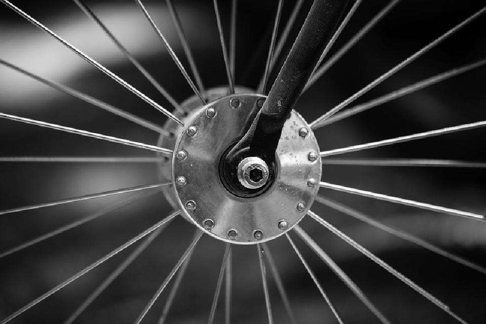Close-up of a bicycle wheel hub and spokes