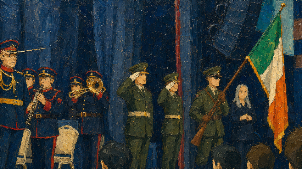 Painterly rendering of the Irish citizenship ceremony in Killarney, with the No. 1 Army Band and Defence Forces Colour Party displaying the Irish tricolour.