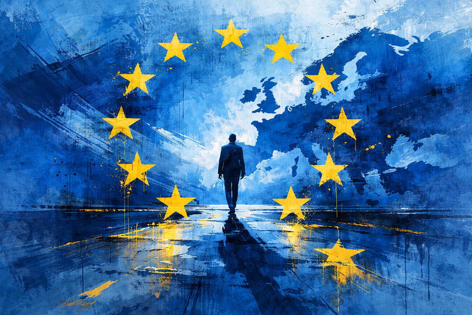 Abstract blue painting of a lone man walking toward a map of Europe, encircled by yellow stars from the EU flag.