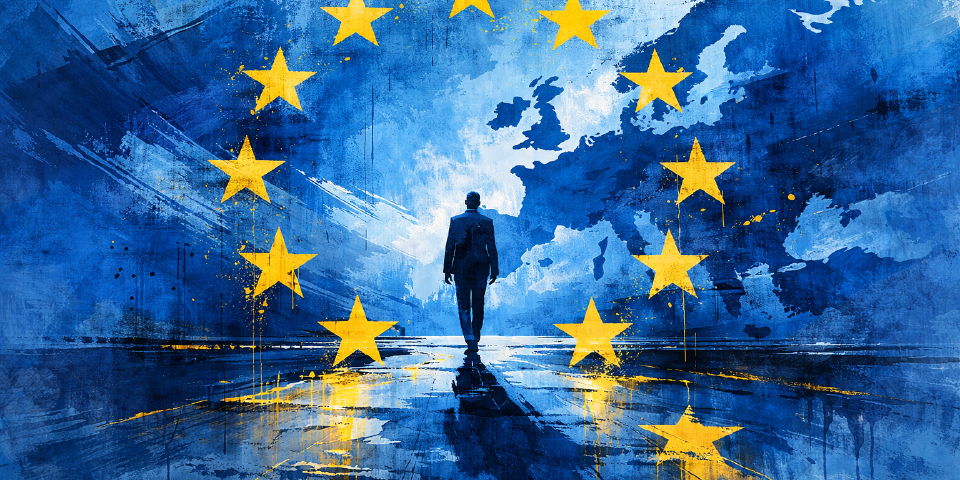 Abstract blue painting of a lone man walking toward a map of Europe, encircled by yellow stars from the EU flag.