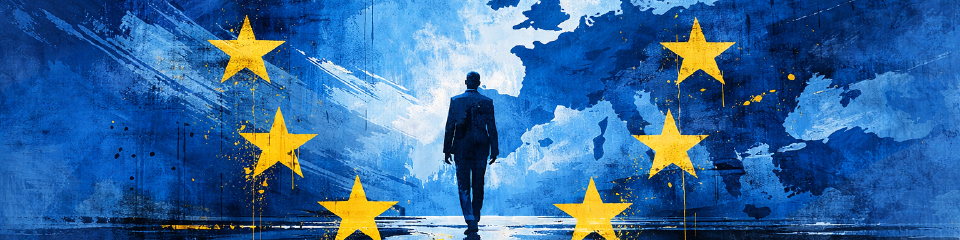 Abstract blue painting of a lone man walking toward a map of Europe, encircled by yellow stars from the EU flag.