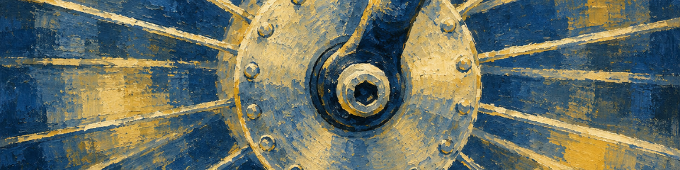 Painterly blue-and-gold close-up of a bicycle wheel hub and spokes