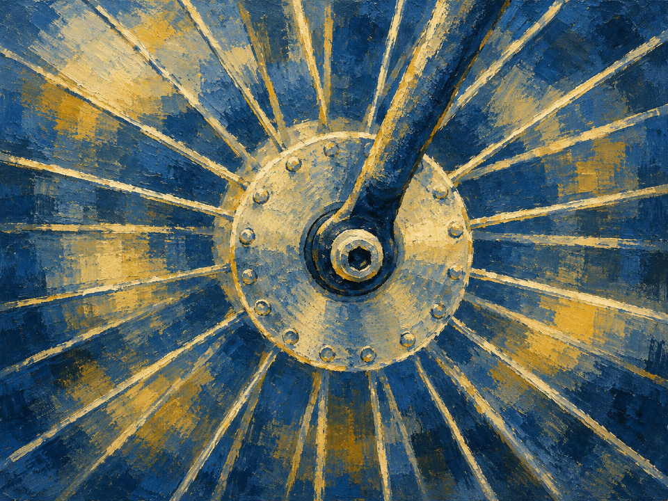 Painterly blue-and-gold close-up of a bicycle wheel hub and spokes